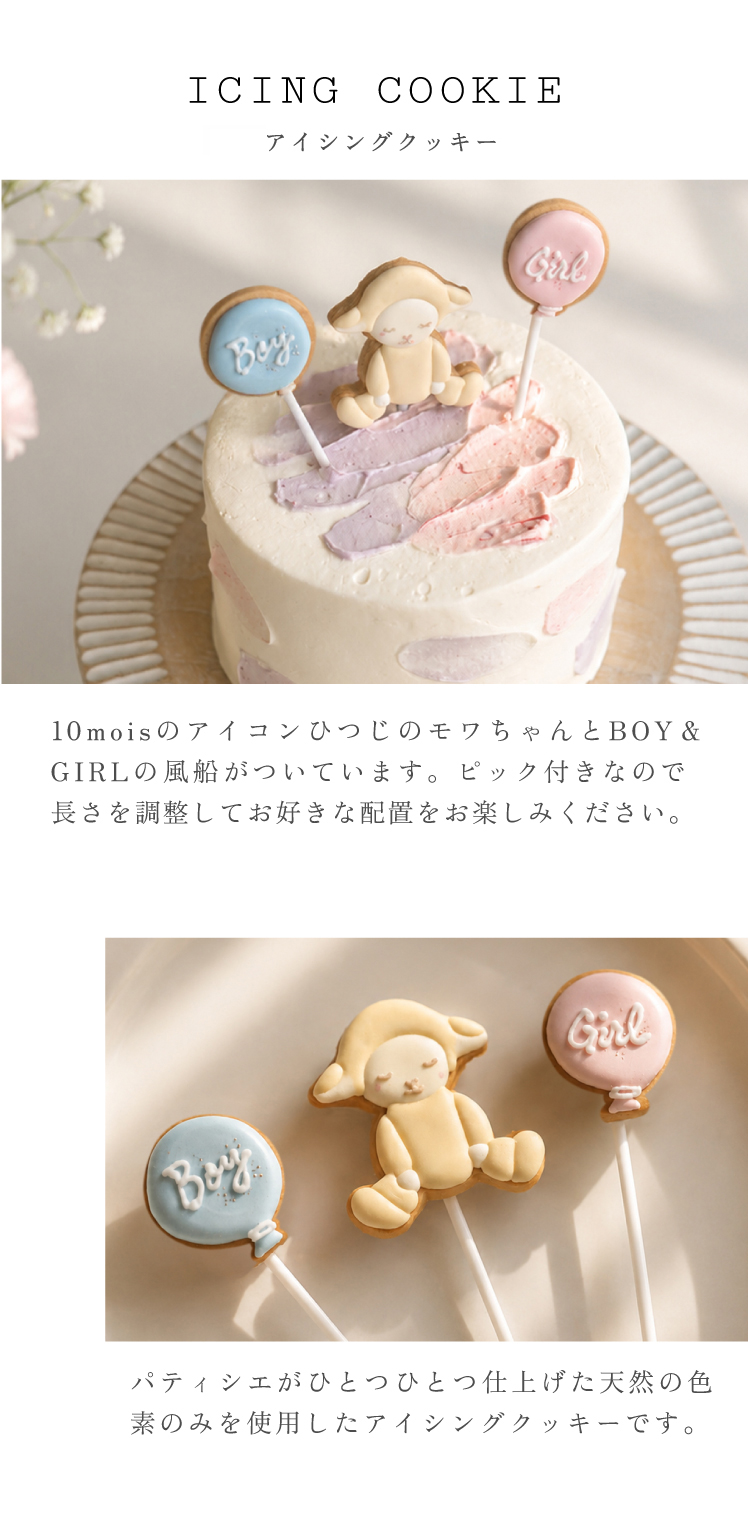 赤ちゃんの性別発表をサプライズでできるジェンダーリビールケーキのアイシングクッキーの説明