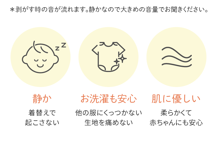 剥がす音が静かで肌触りが優しい　PATTO SATTO ROMPERS　パッとサッとロンパース